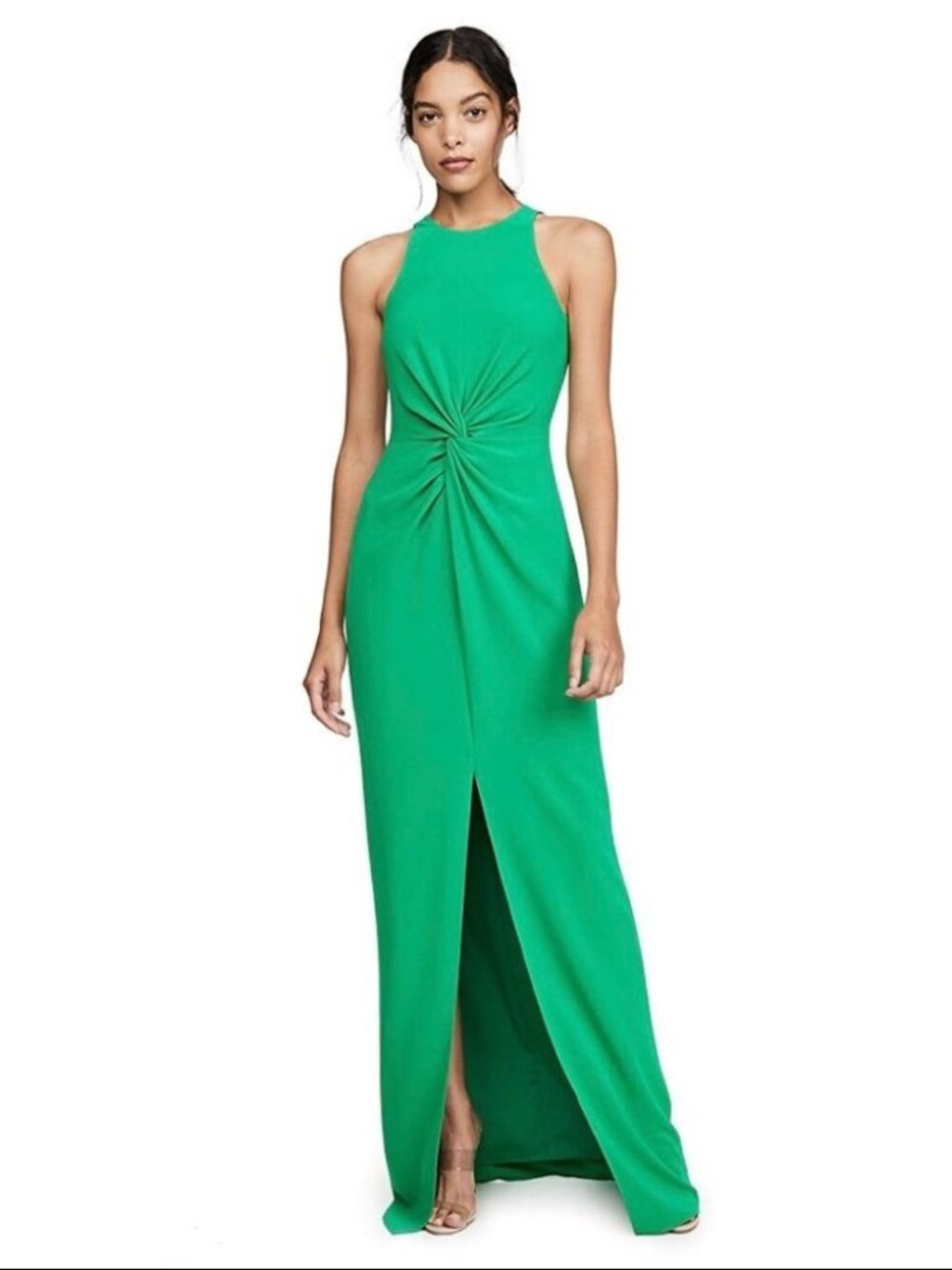 Halston Green Sleeveless Ruffle Font Slit Maxi Formal Dress size 2 NWOT
